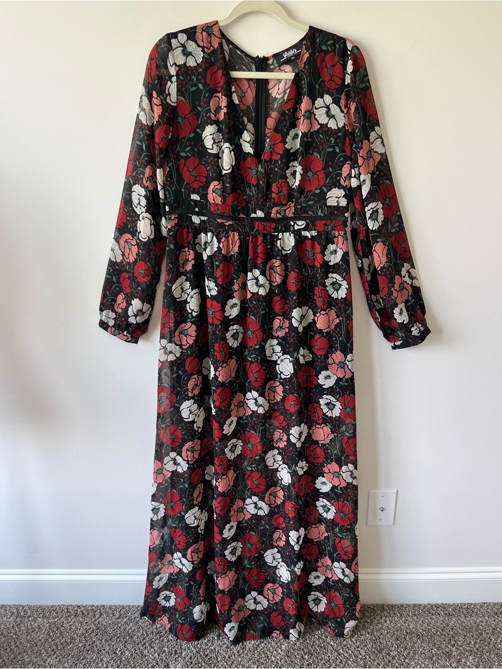 Lulus Black Floral Maxi Dress Red Pink & Cream Blooms cut out detail at waist